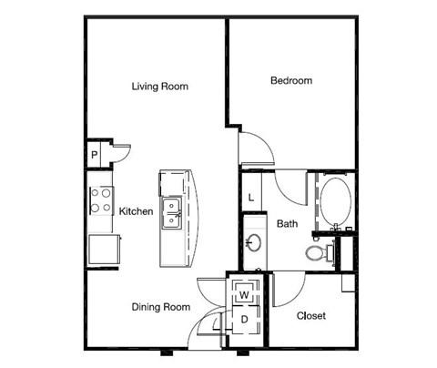 Floor plan for 1 bed, 1 bath, 753 sqft